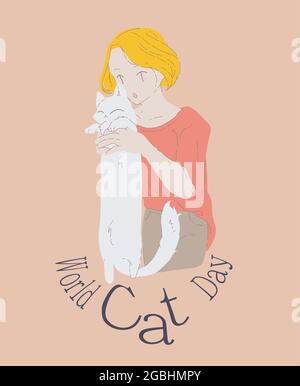 Illustration eines Mädchens mit einem Haustier. Lustige Handzeichnung eines Mädchens, das ihre Katze hält. Illustration über für Grafik, Inhalt, Banner, Aufkleber Etikett und gr Stock Vektor