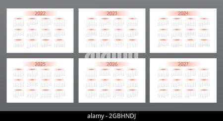 Kalender 2022 2023 2024 2025 2026 2027 in minimalistischem Stil mit orangefarbenen Gradienten-Elementen. Die Woche beginnt am Sonntag. Stock Vektor