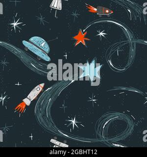 Ein Weltraumabenteuer, Raumschiffe durchstreifen das Universum auf Rädern und fliegen zwischen Kometen. Nahtloses Muster in der Technik des Skizzierens mit einem Marker Stock Vektor
