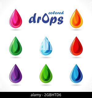 Set aus bunten 3D-Tropfen. Farbige Tropfen, Logotypensammlung, kreative Branding-Identitätskonzepte. Rot, glänzend Gold, gelb, grün, blau und lila i Stock Vektor