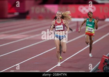 tokio, Japan, 4. August 2021: Courtney Frerichs aus den Vereinigten Staaten gewann Silber in 3000-Meter-Hindernislauf für Frauen bei den Olympischen Spielen in Tokio, dem Olympiastadion in Tokio, Tokio, Japan}. Kim Price/CSM Stockfoto