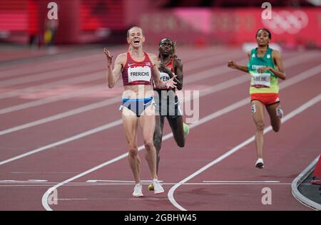 tokio, Japan, 4. August 2021: Courtney Frerichs aus den Vereinigten Staaten gewann Silber in 3000-Meter-Hindernislauf für Frauen bei den Olympischen Spielen in Tokio, dem Olympiastadion in Tokio, Tokio, Japan}. Kim Price/CSM Stockfoto