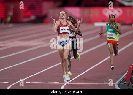 tokio, Japan, 4. August 2021: Courtney Frerichs aus den Vereinigten Staaten gewann Silber in 3000-Meter-Hindernislauf für Frauen bei den Olympischen Spielen in Tokio, dem Olympiastadion in Tokio, Tokio, Japan}. Kim Price/CSM Stockfoto