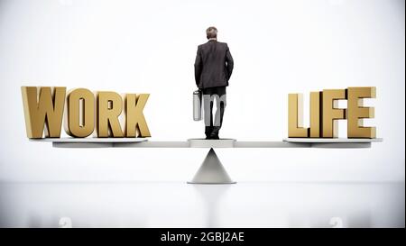 Work-Life-Balance-Skala mit Geschäftsmann im Zentrum. 3D-Illustration. Stockfoto