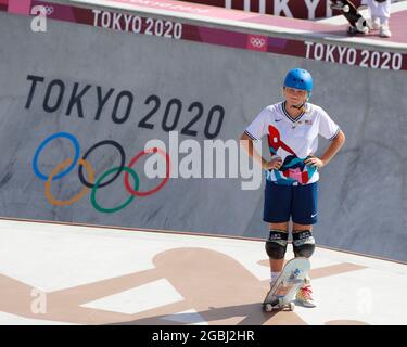 Tokio, Kanto, Japan. August 2021. Bryce Wettstein (USA) im Frauen-Skateboarding-Park während der Olympischen Sommerspiele 2020 in Tokio im Ariake Urban Sports Park. (Bild: © David McIntyre/ZUMA Press Wire) Stockfoto