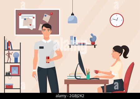 Geschäftsleute auf Kaffeepause im Büroraum Innenraum Vektorgrafik. Cartoon-Figuren von Frau und Mann sprechen und trinken Tee, Kaffee oder Saft, ruhen sich aus von der Arbeit und freundlichem Gesprächshintergrund Stock Vektor