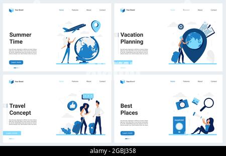 Vektorgrafik für Sommerreisen Urlaubsplanung. Cartoon modernes Geschäftskonzept Landing Page Set für Tourismus-Website, Urlaub-Tour um die Welt, Flug, Touristen mit Pass und Koffer Stock Vektor