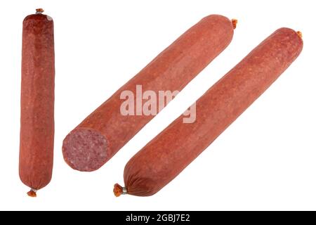 Geräucherte Wurst isoliert auf weißem Hintergrund Stockfoto