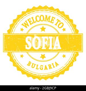 WILLKOMMEN IN SOFIA - BULGARIEN, Wörter auf gelbem runden Zick-Zack-Stempel geschrieben Stockfoto