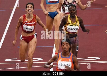 Tokio, Japan, 04/08/2021, Marta Perez (ESP), Sara Kuivisto (FIN), Lucia Stafford (CAN), Winnie Nanyando (UGA) treten während der Olympischen Spiele Tokyo 2020, Athletics, am 4. August 2021 im Tokyo Olympic Stadium in Tokio, Japan, im 1500-Meter-Halbfinale der Frauen an - Foto Yoann Cambefort / Marti Media / DPPI Stockfoto