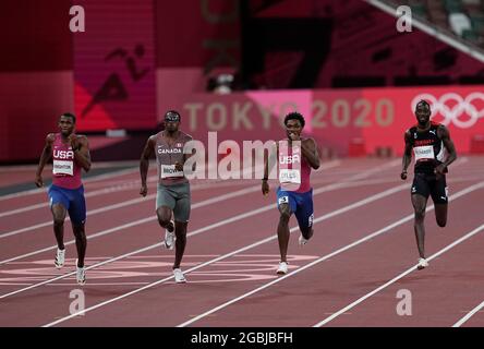 4. August 2021: Noah Lyles gewinnt die Bronze auf 200 Meter für Männer bei den Olympischen Spielen in Tokio, im Olympiastadion in Tokio, Tokio, Japan}. Kim Price/CSM Stockfoto