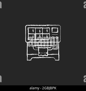 Lotterie-Ticket-Automaten Kreide weißes Symbol auf dunklem Hintergrund. Abgabe von Lotterie-Rubbelkarten. Zufälliges Ergebnis. Ziehen Sie Gewinnzahlen. Isol Stock Vektor