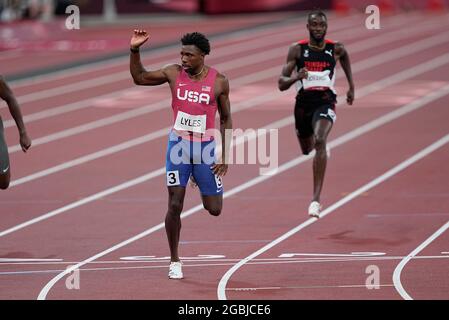 4. August 2021: Noah Lyles gewinnt die Bronze auf 200 Meter für Männer bei den Olympischen Spielen in Tokio, im Olympiastadion in Tokio, Tokio, Japan}. Kim Price/CSM Stockfoto