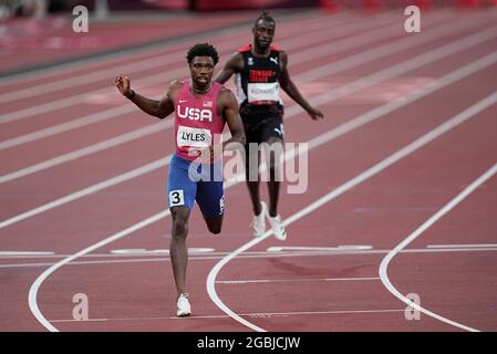 4. August 2021: Noah Lyles gewinnt die Bronze auf 200 Meter für Männer bei den Olympischen Spielen in Tokio, im Olympiastadion in Tokio, Tokio, Japan}. Kim Price/CSM Stockfoto