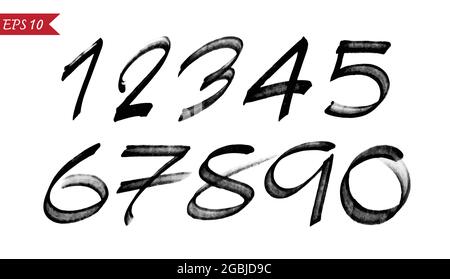 Zahlen 0-9 mit einem Pinsel auf weißem Hintergrund geschrieben. Leicht editierbare Vektorgrafik mit Ebenen. Stock Vektor