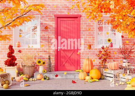 Rote Eingangstür mit Herbstdekorationen, Kürbissen und herabfallenden Blättern. Thanksgiving Tag bunten Hintergrund 3d Rendern 3d-Illustration Stockfoto