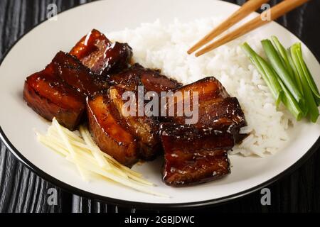 Rafute ist die Okinawan-Version von geschmort Schweinebauch serviert mit Reis in der Nähe in den Teller auf dem Tisch. Horizontal Stockfoto