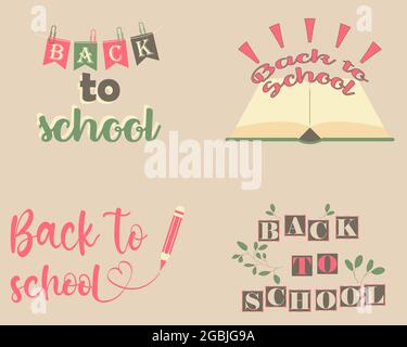 Satz von „Back to School“-Abzeichen mit Pinselschrift-Typografie in blassen organischen Farben Stock Vektor