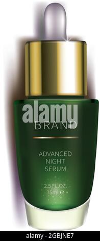 Nachtkosmetikserum für die Gesichtspflege, realistischer Vektor. Dunkelgrüne Glasflasche mit Pipettenprodukt, isoliert auf weißem Hintergrund. Markendesign für hochwertige revitalisierende Kosmetik, Anti-Age-Serum Stock Vektor