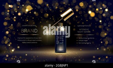 Nacht intensiv revitalisierende Gesichtsserum realistische Vektor-Anzeigen Poster. Glasflasche mit tropfender Pipette und goldenem Öltropfen auf dunklem Hintergrund mit leuchtendem Bokeh. Modell für Hochglanzmagazin Stock Vektor