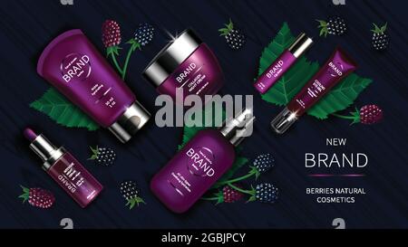 Kosmetische Serie mit wilden Beeren realistische Vektor-Illustration. Naturkosmetik, violettes Design für Creme und Lotion, Serum und Lippenbalsam neben Brombeere und grünen Blättern, Bio-Hautpflegeprodukt Stock Vektor