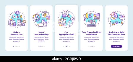 Startschritte beim Onboarding der mobilen App-Seite. Beginn der Business-Komplettlösung 5 Schritte grafische Anweisungen mit Konzepten. UI, UX, GUI Vektor t Stock Vektor