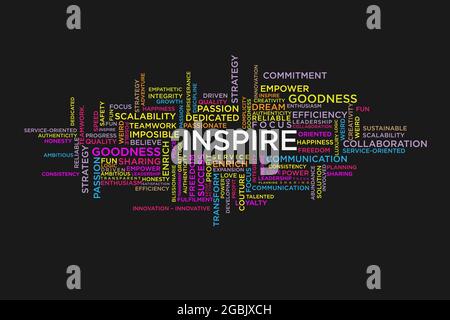 INSPIRE Wort Cloud Collage isoliert schwarzen Hintergrund, Geschäftskonzept Hintergrund Stock Vektor