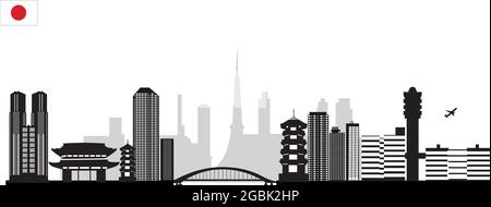 skyline der asiatischen Stadt tokio mit Flagge, Stadt der olympischen Spiele Stock Vektor