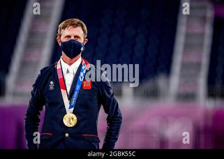 TOKIO - der britische Goldmedaillengewinnerin Ben Maher, der Brite Ben Maher, tritt im Equestrian Park in Tokio, Japan, am 04. August 2021, im Einzelfinale der Olympischen Spiele 2020 in Tokio an. Foto von Robin Utrecht/ABACAPRESS.COM Stockfoto