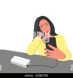 Telefon und tragbares Ladegerät. Ein Mädchen hält ein Telefon in der Hand, liest eine Nachricht, spricht bei einem Videoanruf. Grau-gelbe Trendfarben. Vektor. Stock Vektor