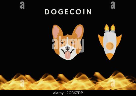 Dogecoin geht's zum mars.Illustration eines Dogecoin isoliert auf schwarzem Hintergrund. Stockfoto