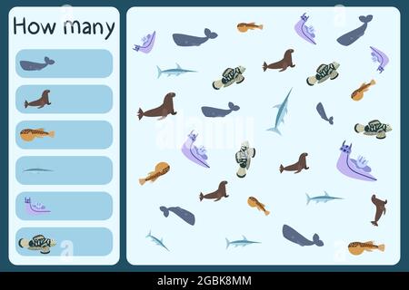 Kids mathematische Mini-Spiel - zählen, wie viele Meerestiere - Spermwal, Seelöwe, Kugelfisch, Schwertfisch, Mandarine. Pädagogische Spiele für Kinder. Cartoon Design Vorlage auf bunten Hintergrund. Stock Vektor