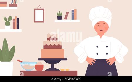 Niedlicher Koch Kind backen süßen Kuchen, Kinder kochen Vektor-Illustration. Cartoon kleine Konditorei Bäcker Charakter in Chefhut und Schürze stehen mit Schokoladenkuchen in Küche Innenraum Hintergrund Stock Vektor