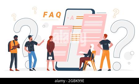 FAQ-Konzept, Vektor-Illustration für Online-Kundensupport. Cartoon-Leute stellen Fragen und erhalten Antworten aus dem faq-Handbuch, stehen in der Nähe eines riesigen Mobiltelefons und einem auf Weiß isolierten Fragezeichen Stock Vektor