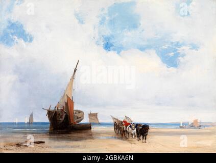 Beachelte Schiffe und ein Wagen in der Nähe von Trouville von Richard Parkes Bonington (1802-1828), Öl auf Leinwand, c.. 1825 Stockfoto
