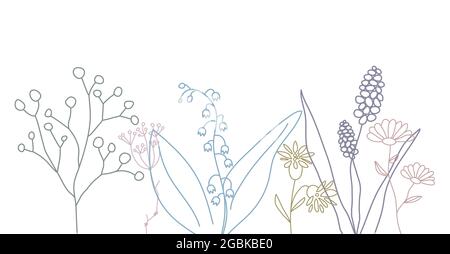 Wildblumen-Banner. Poster mit Linienblumen. Vorlage für die Einladung zur Hochzeit. Grußkarte mit Pflanzen. Vektorkonturdarstellung Stock Vektor
