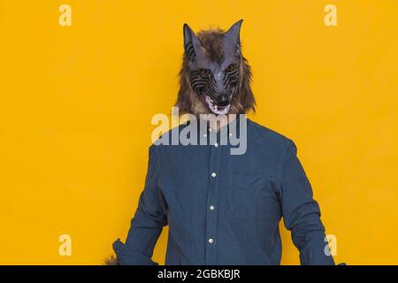 Porträt auf einem gelben Hintergrund befindet sich ein Werwolf, der in einem blauen Hemd mit neutraler Haltung nach vorne blickt. Stockfoto