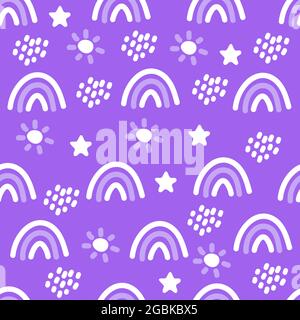 Nahtloses Boho-Muster mit Regenbogen, Sternen, Regen und Sonne für Textilien und Stoffe. Skandinavischer Druck. Sommer Tapete, Hintergrund Stock Vektor