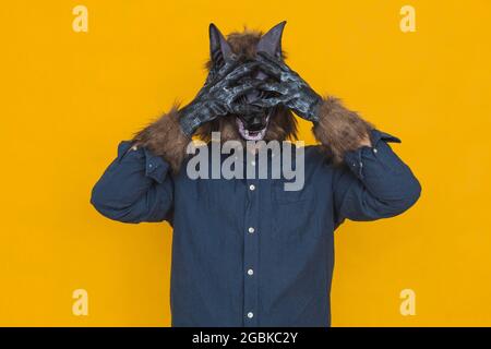 Auf einem gelben Hintergrund sieht man einen Werwolf, der in einem blauen Hemd gekleidet ist und seine Augen mit den Händen bedeckt. Stockfoto