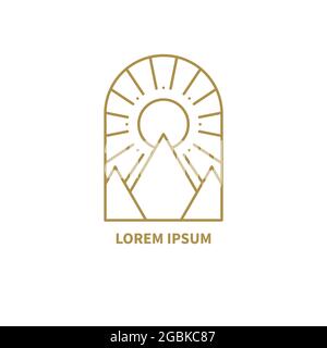 Lineares Logo im Bohemian Retro-Stil mit Sonne und Montains. Minimalistische Linie goldene minimalistische geometrische Ikone im Boho-Stil mit Hügeln Stock Vektor