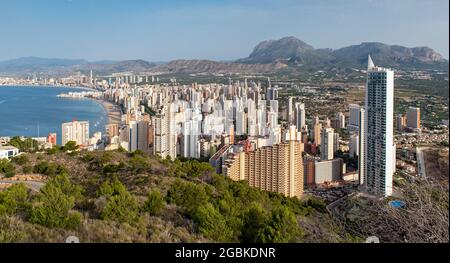 Die Wolkenkratzer von Benidorm vom Berg La Creu (Kreuz) aus gesehen, Spanien Stockfoto