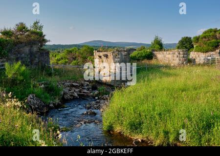 Die Überreste der alten Eisenbahnbrücke über Cromdale Burn in Cromdale, in der Nähe von Grantown-on-Spey, Speyside, Schottland Stockfoto