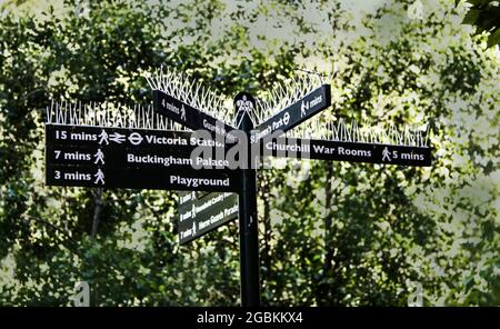 Wegweiser in der Londoner Innenstadt, der auf die Victoria Statue zeigt, Buckingham Palace, Churchill war Rooms und mehr - Vogelspitzen an der Spitze und selektiver Fokus Stockfoto