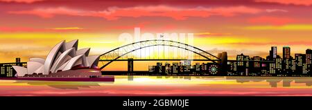 Australische Stadt Sydney. Operngebäude. Brücke über die Bucht. Sonne, Himmel mit Wolken. Sonnenuntergang. Stock Vektor