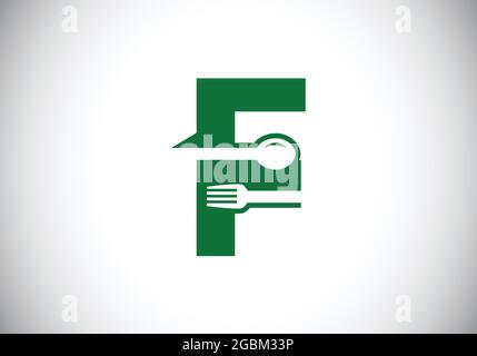 Anfängliches F-Monogramm-Alphabet mit Gabel, Löffel. Schrift-Emblem. Modernes Vektorlogo für Café, Restaurant, Kochgeschäft und Firmenidentität Stock Vektor