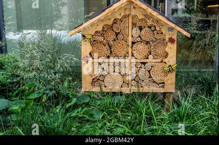 Ein Bug-Hotel, das außerhalb eines Bürokomplexes in Dublin, Irland, installiert wurde. Stockfoto