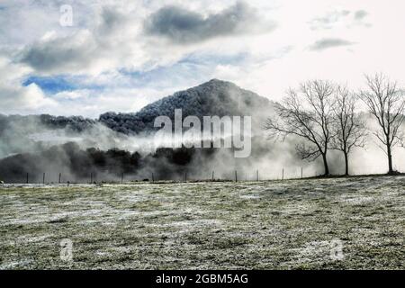 Schöne Aufnahme des Nebels, der das frostige Feld und die bewaldeten Berge bedeckt Stockfoto