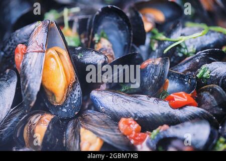 Frische Muscheln in einem Topf kochen, Nahaufnahme Stockfoto