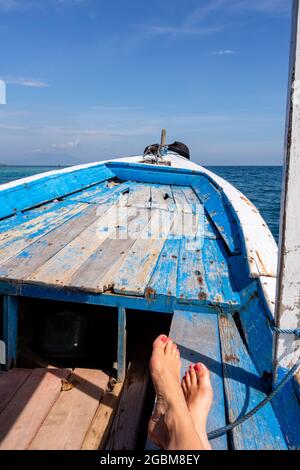 Weibchen ruht sich auf einem alten Fischerboot aus Stockfoto