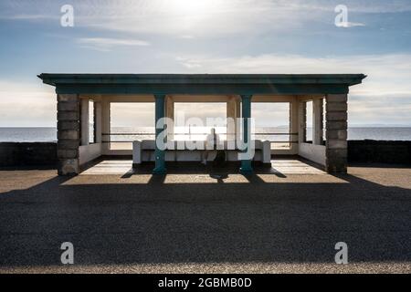 Ein Mann und ein Hund sitzen in einem traditionellen Strandhaus an der Promenade von Weston-Super-Mare in Somerset. Stockfoto